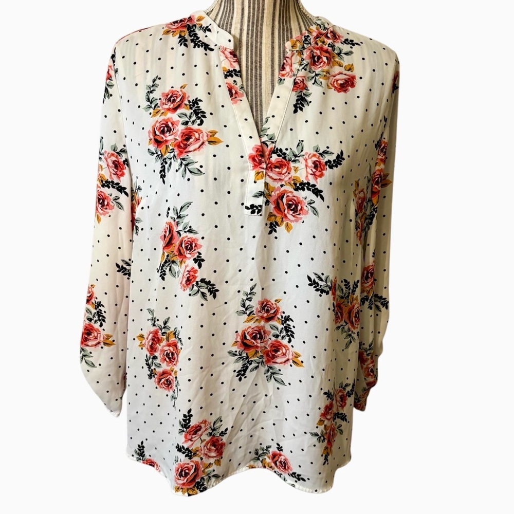 Black Rainn Blouse Large White Floral Pink Rose Black Polka Dot V-Neck 3/4 Slvs